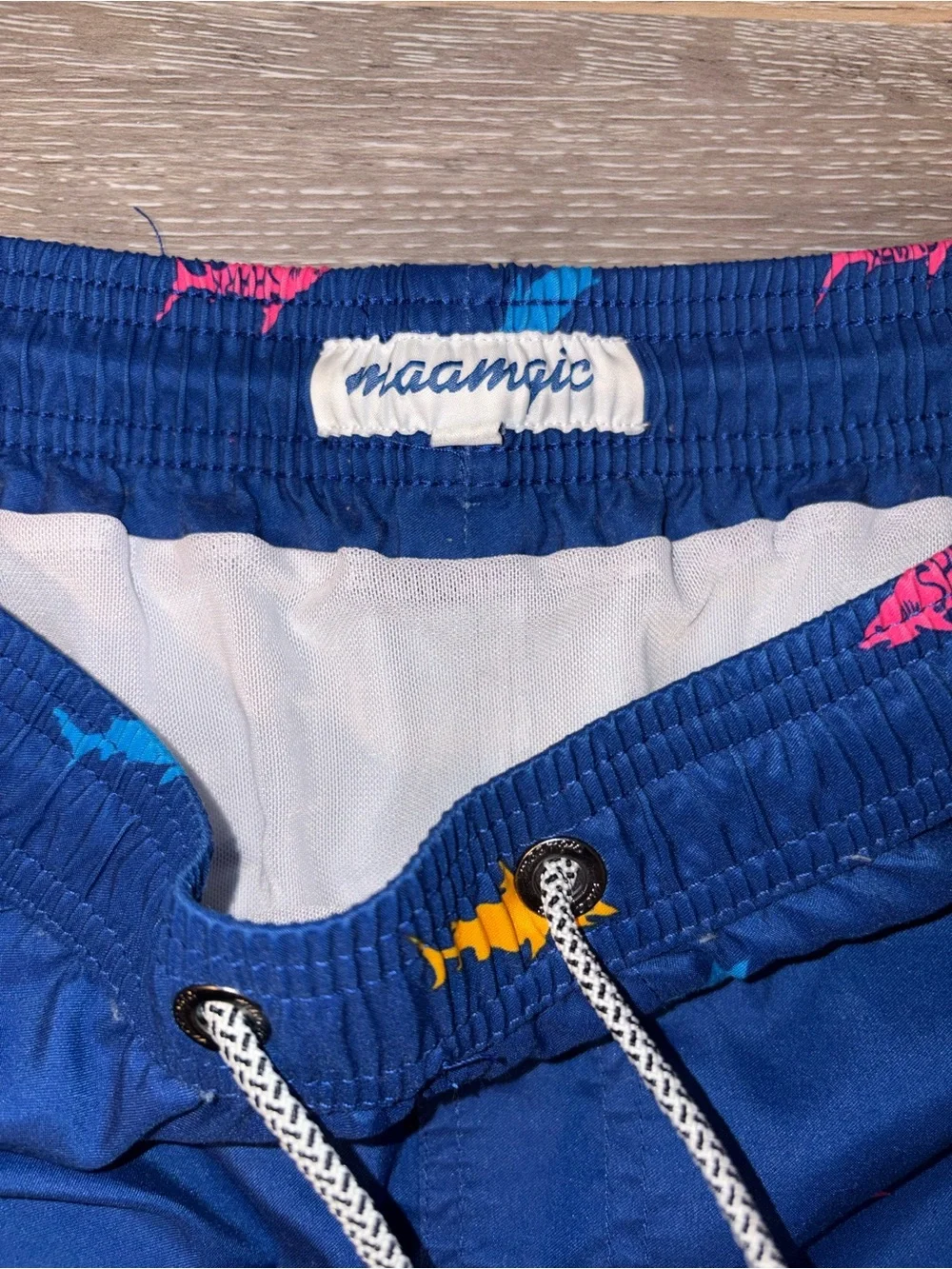 Men's Navy Shark-Print Swim Trunks with Elastic Drawstring